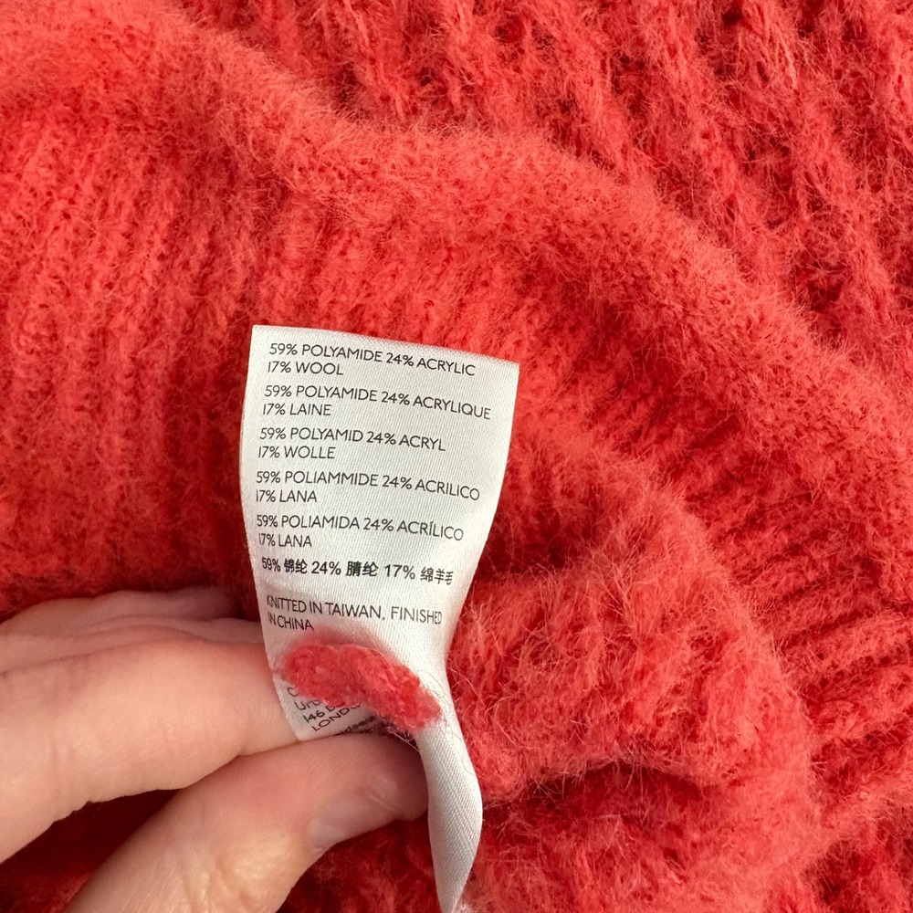 Anthropologie Women Ruffle Boat Neck Fuzzy Knit Sweater Coral Cottagecore Small - Picture 5 of 6